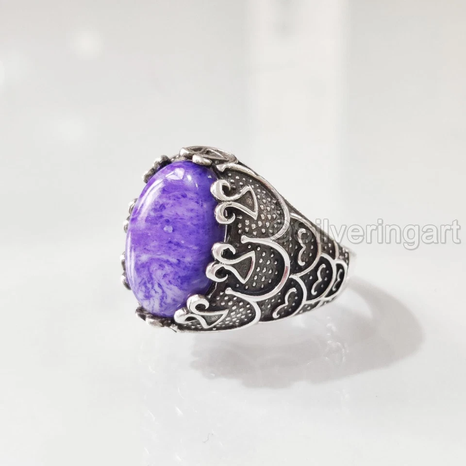 NATURAL CHAROITE GEMSTONE 925 STERLING SILVER ARABIC STYLE MENS HEAVY RING — 第 2/4 张图片