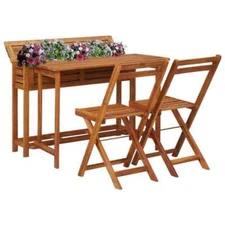 Balcony Planter Table with 2 Bistro Chairs Solid Acacia Wood Garden Furniture US