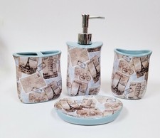 NEW 4 PC SET BLUE MULTI PARIS SNAPSHOTS SOAP DISPENSER+TUMBLER+DISH+TOOTHBRUSH 