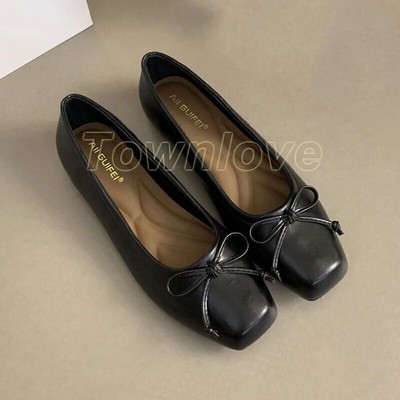 Women's Square Toe Ballet Flats Bowknot Slip-On Casual PU Leather Shoes Comfort