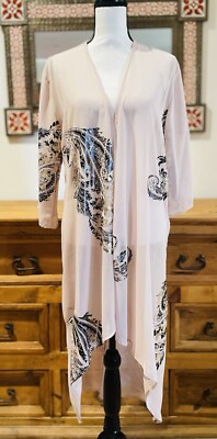 Auditions Pale Pink w/Blk & Gold Paisley Print 3/4 Sleeve Kimono Duster New Sz S