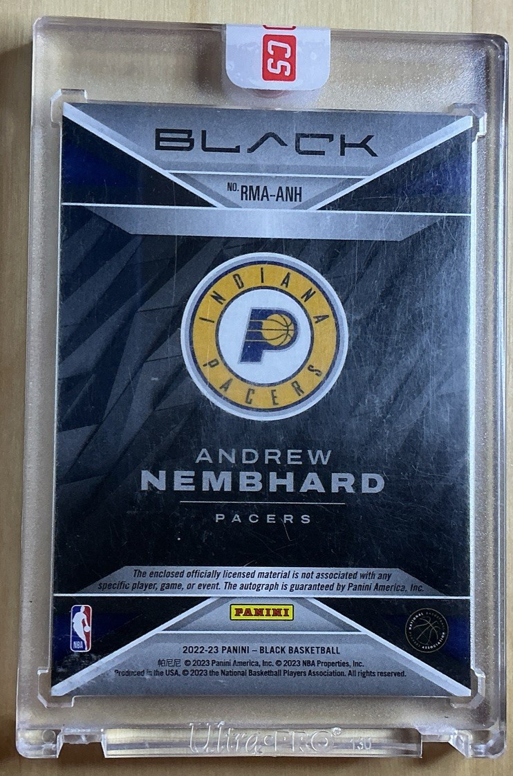 2022-23 Panini Black Rookie Memorabilia Auto Patch Andrew Nembhard Holo Gold /5 view 2