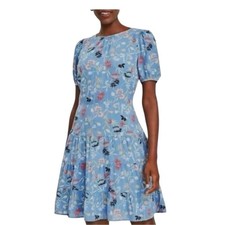 Loft Short Sleeve Blue Floral Print Drop Waist Full Skirt Career Dress SZ 6