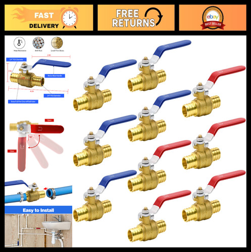 10pcs 3/4" PEX Brass Full Port Shut Off Ball Valve Set, Hot & Cold for Kitchen &