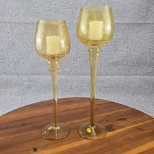 Stem Glass Candle Holder Crackle Set Of 2 Yellow Gold 11" 13"