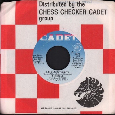 Dells Long Lonely Nights 7'' vinyl USA Cadet company sleeve has a written on a
