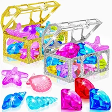 24Pcs Diving Gem Pool Toys Colorful Diamonds Set with Pirate Treasure Chest Summ