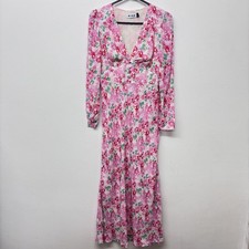 Rixo Selma Floral Midi Dress Size UK 6 Pink Floral V Neck Summer Wedding Party