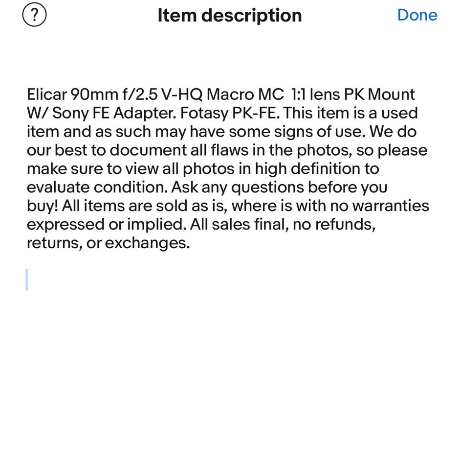 Elicar 90mm f/2.5 V-HQ Macro MC 1:1 lens PK Mount W/ Sony FE Adapter - Image 2 of 4