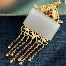 Silver Plated Natural Hetian White Jade Tassel Pendant Hanfu Necklace Women
