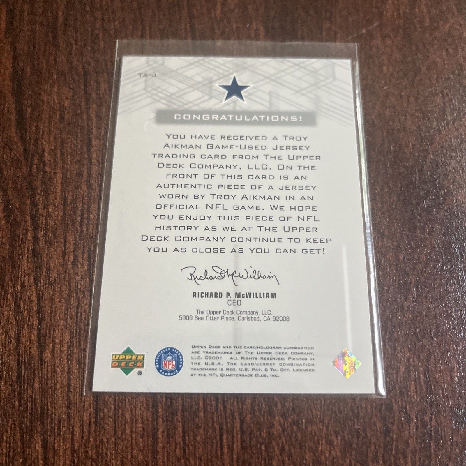 2001 Upper Deck Pros & Prospects Troy Aikman Game Worn Jersey Patch Cowboys view 2