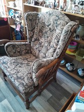Large ERCOL Carved Dark Wood Easy Chair Vintage With Upholstery Vgc BLACKPOOL 