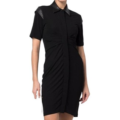 Helmut Lang NWT Pleated Leather Trimmed Cady Mini Dress Black Size M Collar  | eBay
