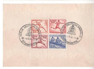 1936 Germany Berlin Olympics Souvenir Sheet with Berlin Postmark (Scans) NICE!