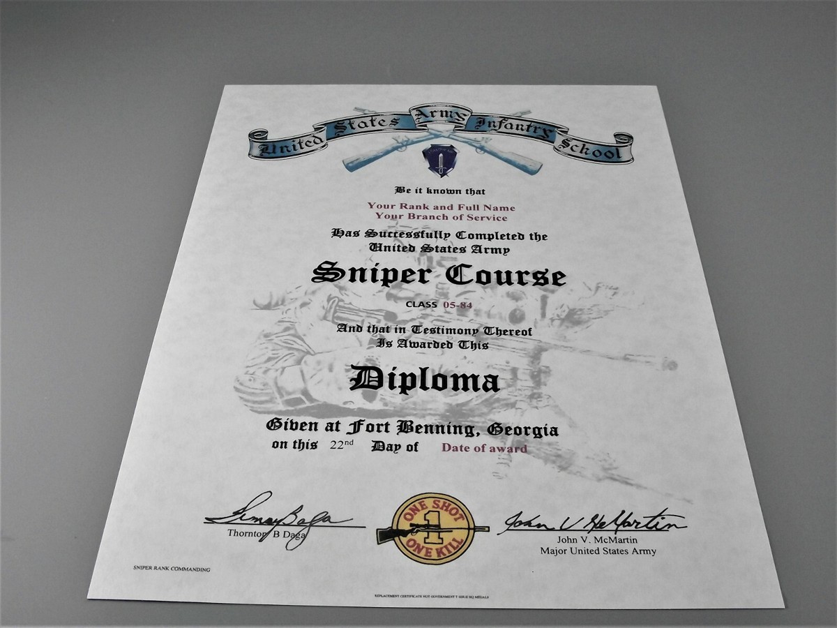 US Army SNIPER Course School Diploma Replacement Certificate | eBay