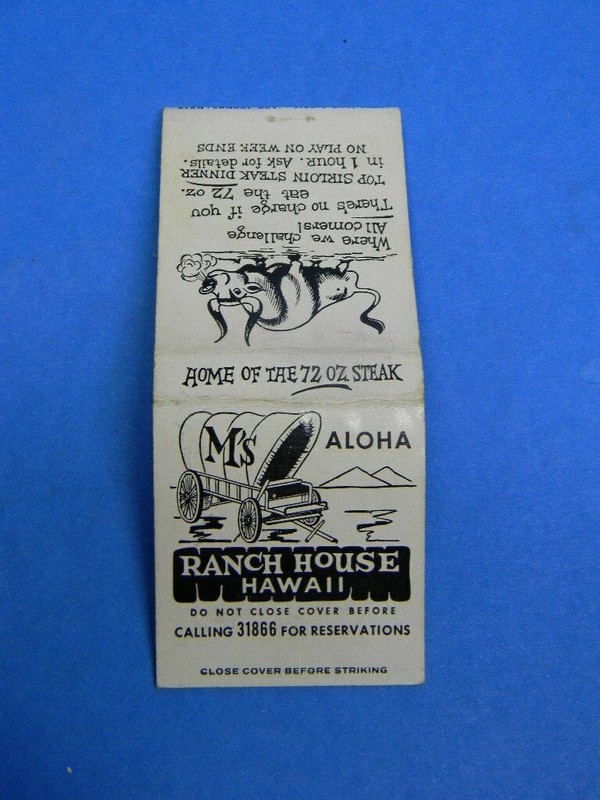 VINTAGE RANCH HOUSE RESTAURANT HONOLULU HAWAII MATCHBOOK COVER DUNCAN HINES