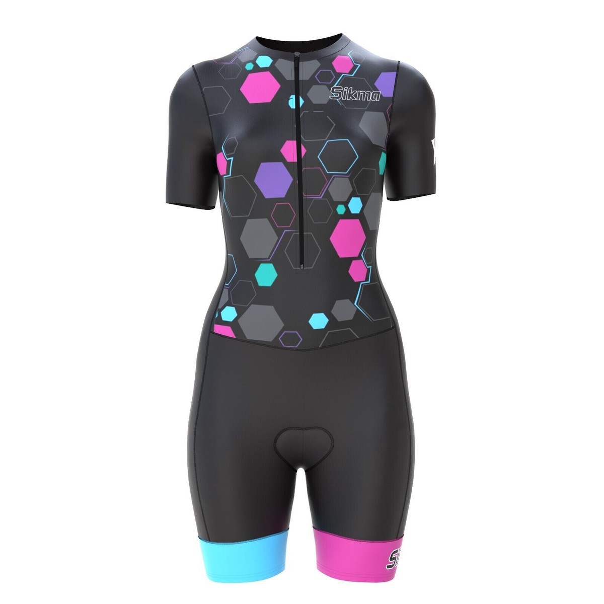 WOSAWE Women's Short Sleeve Triathlon Suit | Breathable Quick Dry One-Piece | For Running, Cycling, Swimming | Size M Black