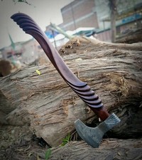 20" Custom Handmade Damascus Steel Viking Axe Hunting Axe Engraved Wood Handle