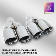 QUAD 4" OUT CHROME EXHAUST TIP STAGGERED L&R PAIR 2.5" INLET DUAL WALL ANGLE CUT