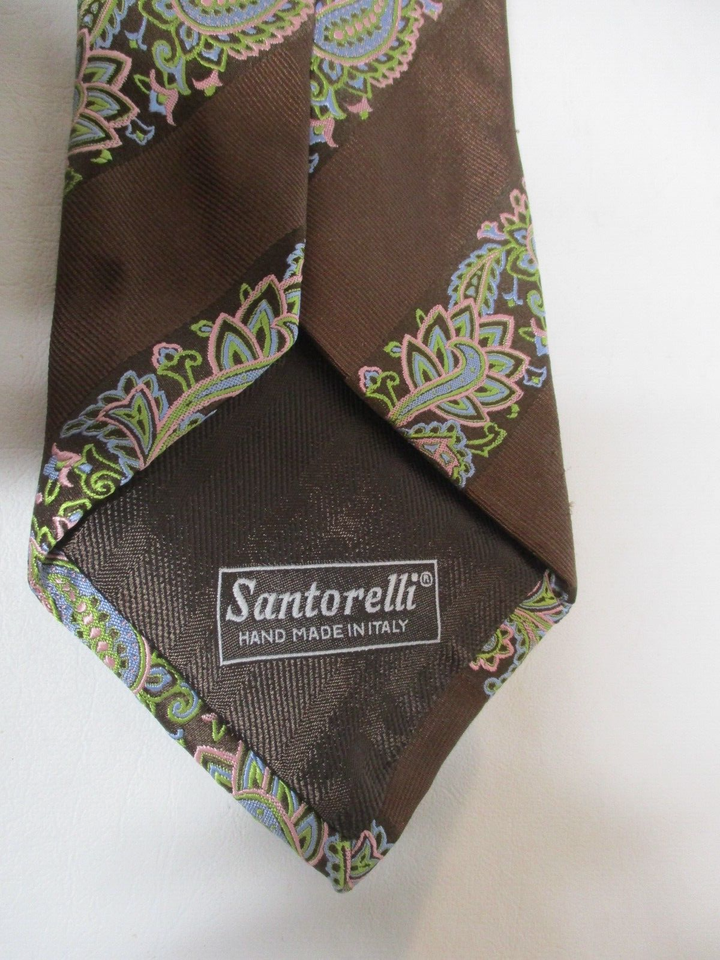 SANTORELLI Italy brown pink green paisley striped pattern mens silk tie