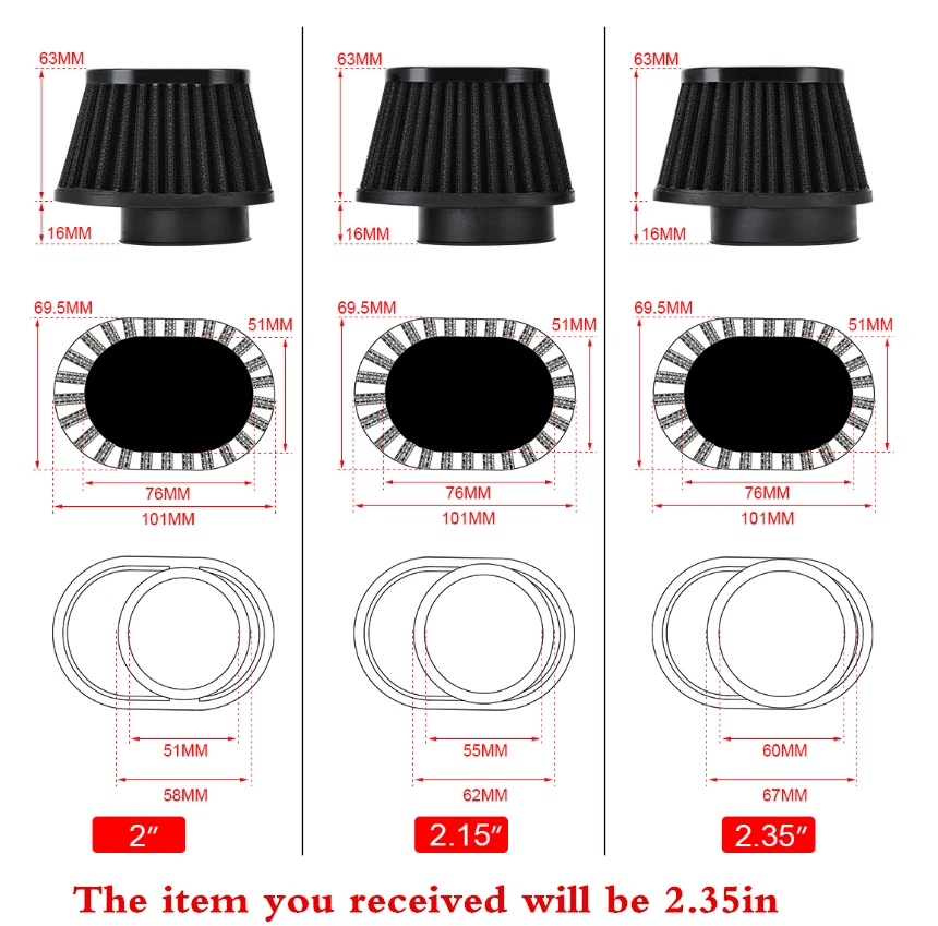 2Pcs Air High Flow Cone Filter Pod Cleaner Black Fit For Motorcycle ATV Scooter - Image 2 of 4