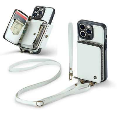Fr iPhone 16 Pro Max 15 14 13 11 Shoulder Strap Leather Stand Zipper Wallet Case