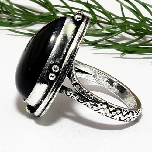 Black Onyx Smooth Pear Natural Gemstone Handmade Silver Ring Gift Jewelry - Picture 4 of 4