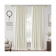 White Pinch Pleat Linen Curtains 120 Inches Long for Living Room 2 Pages Faux...