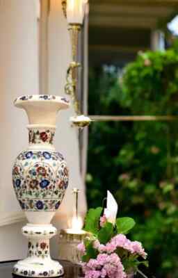 16 Zoll elegante weiße Marmor Blumenvase - Multi Edelstein Floral Inlay | Lux...