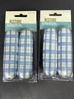 Drawer Pulls Blue & White w/ Green Stripe Plaid 2 Packs w/ 2 in each Pack New