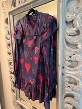 Farm Rio Long Sleeve, Short Heart Dress - Blue/Purple with multi-color hearts wi