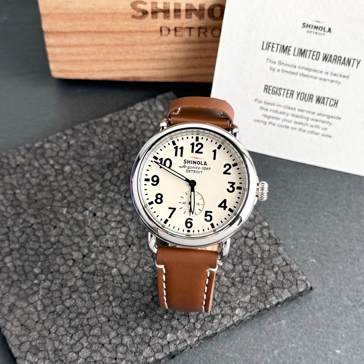 Shinola Stainless Steel Watch with Brown Leather Strap Shinola Runwell 47mm Watch with Slate Dial and Deep Brown  main image 2