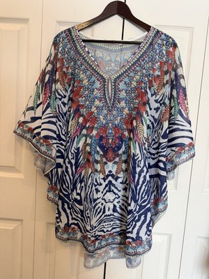 Women s Kaftan Sheer Beaded Colorful Poncho Style Hi Low Hem Top One Size Cruise