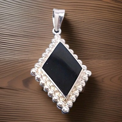 Vintage Zuni Sterling Silver  Black Jade Rhombus Pendant