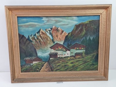 Malerei Berglandschaft Häuser Alpen Holzrahmen Kunst Deko #252173