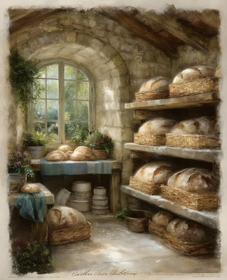 8x10 Cozy Storybook Bread in Bakery Art Print Classic Illustration - 528836334