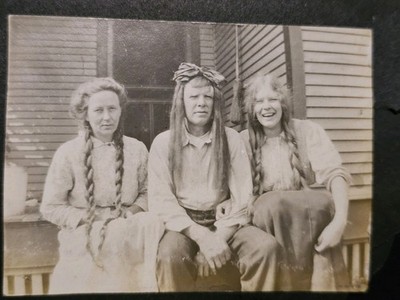 Two girls long hair braids and father with wig and bow  vintage photos. Funny.