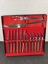 Yax JAPAN Wood Handle  Stainless Steel Flatware 15pc MCM Forks Knives Carving