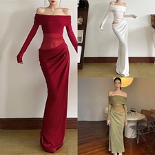 Women Long Sleeve Off Shoulder Ruched Mesh Slim Maxi Dress for Formal Gatherings