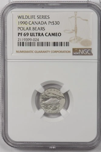 Canada 1990 $30 platinum NGC Proof 69UC Polar bear.0.1oz platinum. Wildlife seri
