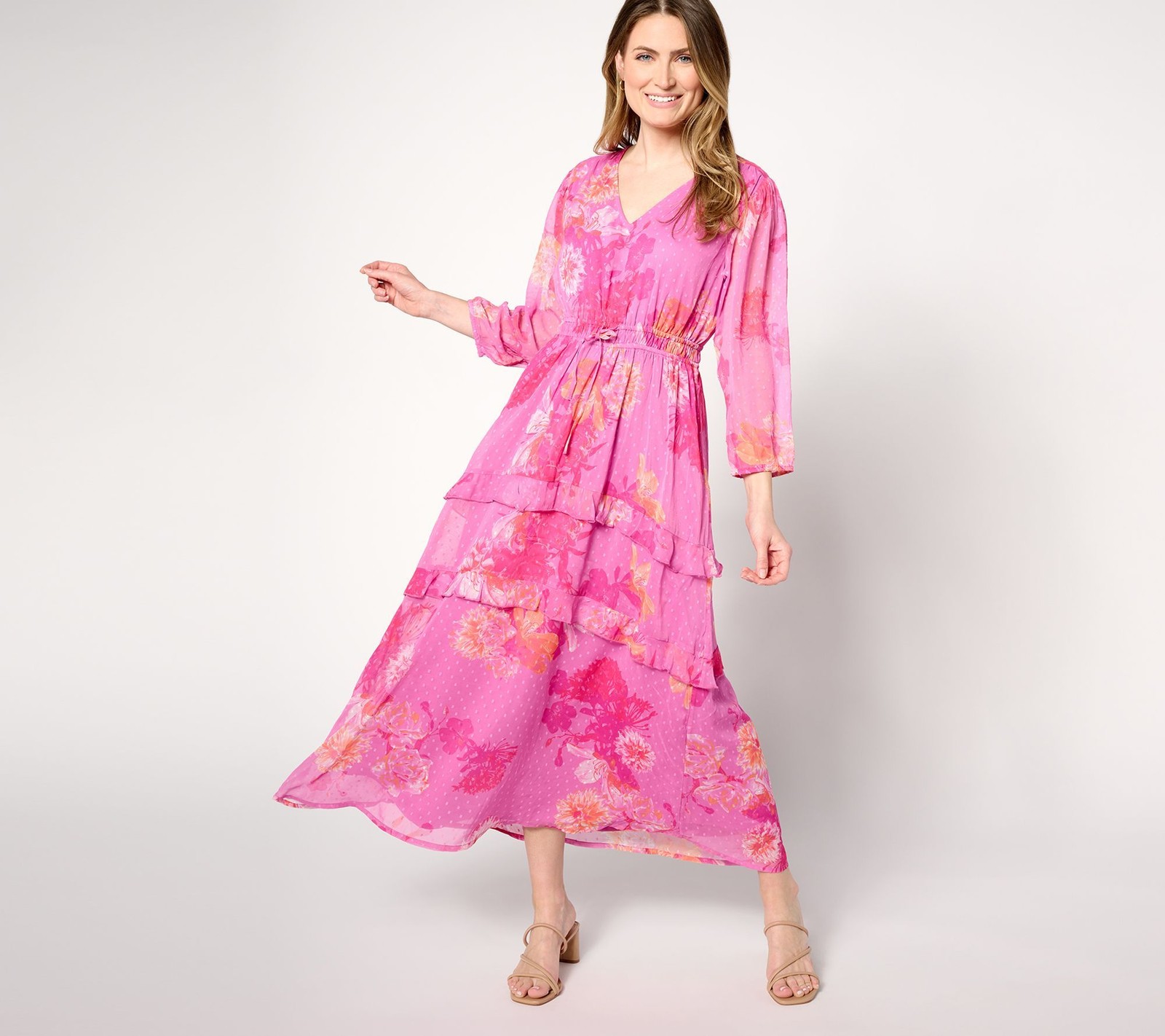 Destination 365 Women's Plus Sz Dress 1X Floral Clip Dot Chiffon Pink A643232