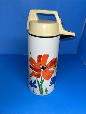 Vintage 70s Everest Vacuum Air Pot Thermos APN-1900 Floral Poppies, Coffee, Tea