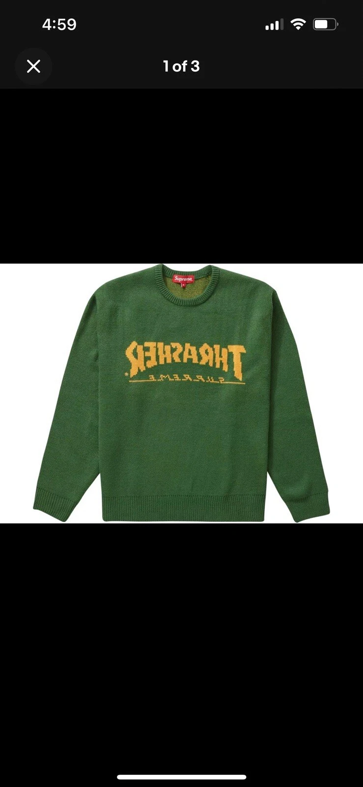Pull Supreme Thrasher vert FW21 taille LARGE NEUF