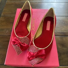 Vtg New Betsey Johnson Sammy Red Ballet Flats Heart Bow Silver Studded Women 5.5