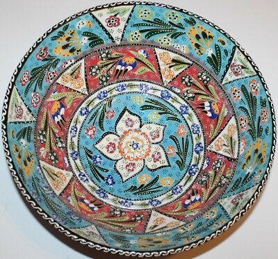 Turkish Blue & Red 12''x4'' Handmade Iznik Floral Pattern Ceramic Bowl