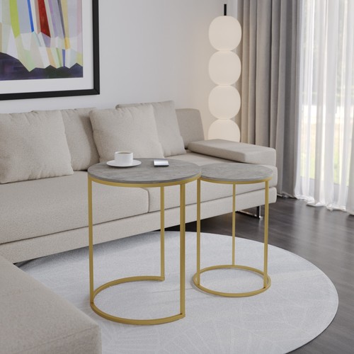 2Pc Round Nesting Stackable Sofa Side Bedside End Table Set Wood Top Metal Legs - Picture 57 of 70