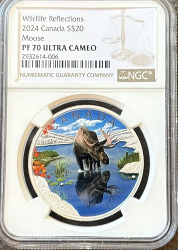 2024 NGC PF70 $20 CANADA 1OZ SILVER PROOF UCAM WILDLIFE REFLECTIONS MOOSE W/OGP