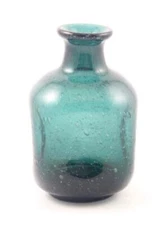 Vintage Blenko ? Teal Green Pinched Bottle Vase Decanter With Seeded Bubbles