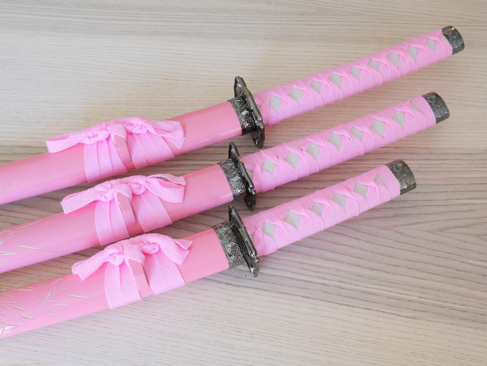 Juego de Espadas Samurai ROSA Dragón Soporte de Exhibición Vaina de Madera Katana Juego de 3 Piezas Foto 3 de 4