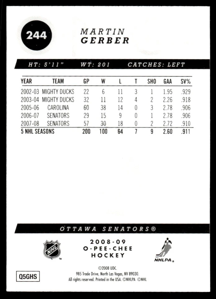 2008-09 O PEE CHEE METAL Martin Gerber Ottawa Senators #244 - Image 2 of 2